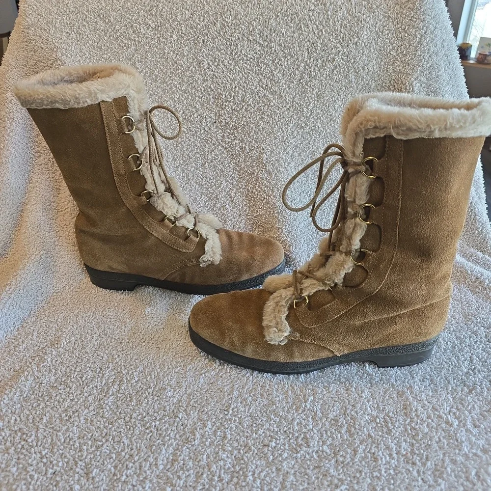 Vtg Yodelers Women's Brown Suede Winter Boots Faux Fur Trim Apres-ski Retro Boho